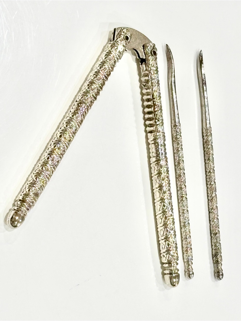 Vintage Mid-Century Silver Scroll Nutcracker and 2 Picks Quackenbush Style